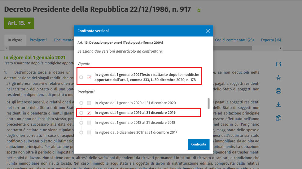 Funzionalità confronta versioni